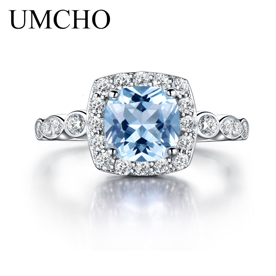 UMCHO Real S925 Sterling Silver Rings for Women Blue Topaz Ring Gemstone Aquamarine Cushion Romantic Gift Engagement Jewelry LY191203