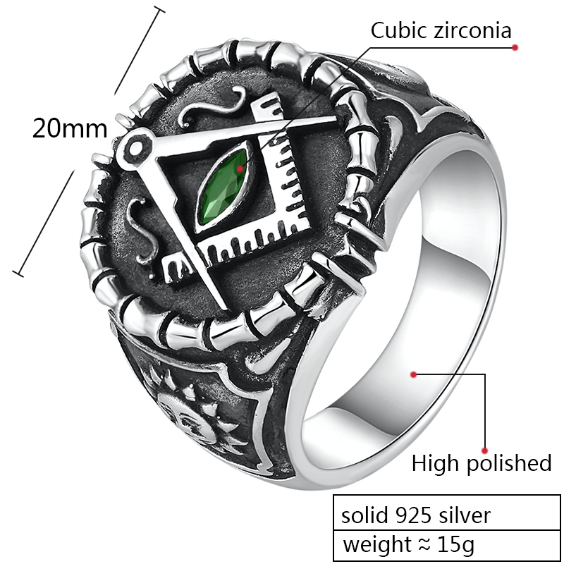 ZABRA Vintage 925 Silver Ring Mens Green Cubic Zirconia Masonic Rings For Men Punk Cool Gift Sterling Silver Symbols Jewelry D19011502