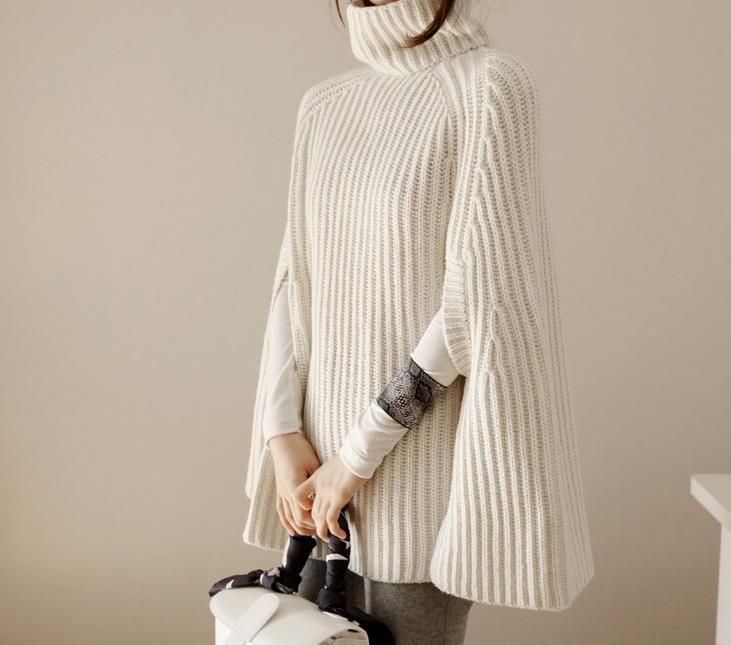 Oversized Turtleneck Cape Sweater For Women - Versatile Knit Shawl Coat