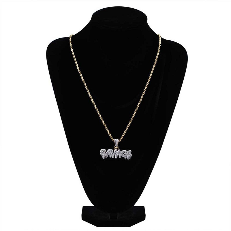Mens Hip Hop Jewelry New Fashion Bling Letter SAVAGE Pendant Necklace with Silver Gold Twist Chain