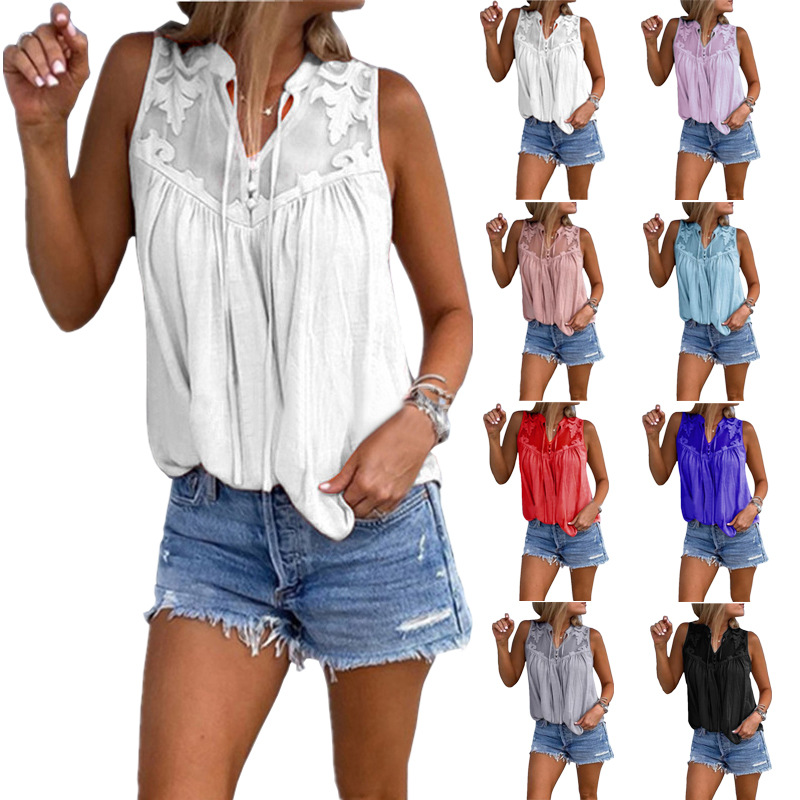 Office Ladies Stitching Lace Chiffon V-neck Sleeveless Shirt Women Casual European&American Solid Sexy Slim Blouse 2019