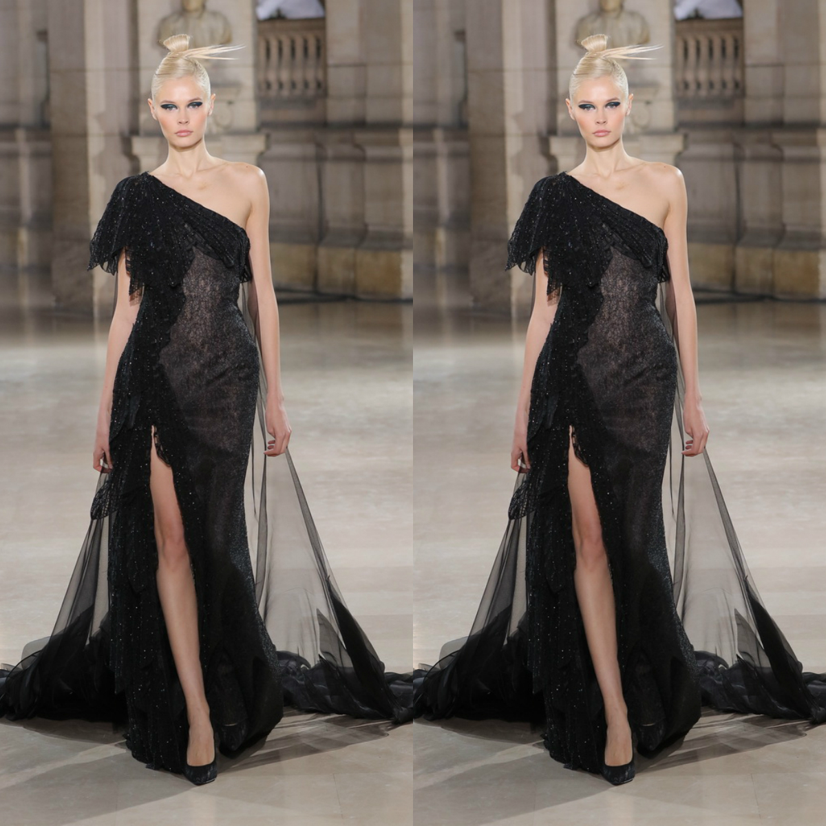 Tony Ward 2019 Black Evening Dresses One Shoulder Lace Side Split Glitters With Tulle Overskirts Mermaid Prom Gowns Plus Size Party Dress