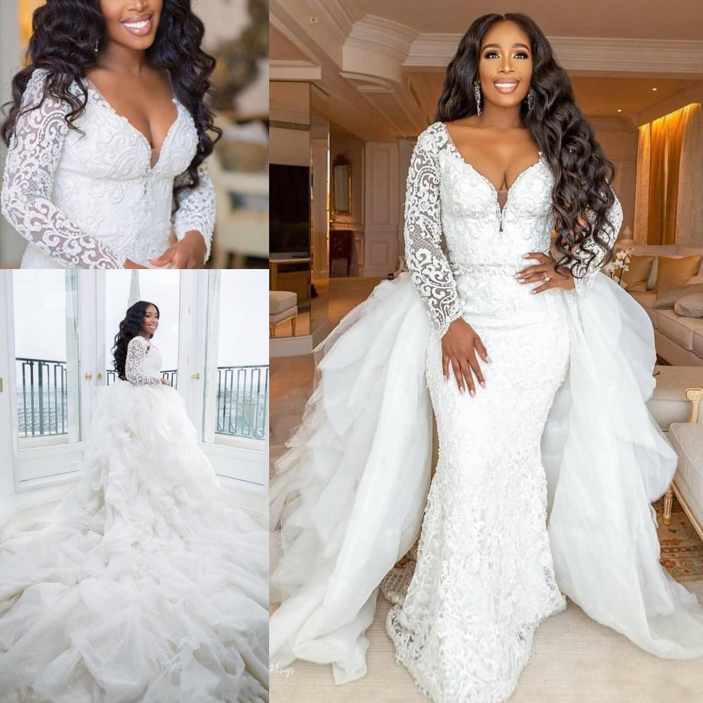 Plus Size Long Sleeves Lace Mermaid Wedding Dress with Derachable Train Sexy Deep V Neck Black Girl Bridal Gowns, Same as image
Plus Size Long Sleeves Lace Mermaid Wedding Dress with Derachable Train Sexy Deep V Neck Black Girl Bridal Gowns, Same as image