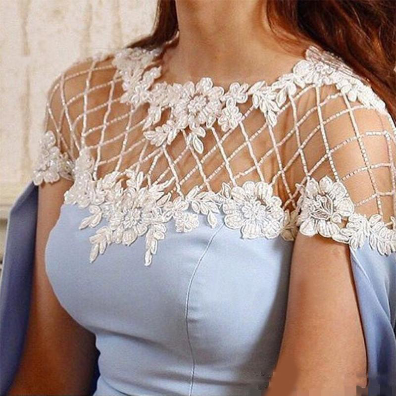 Light Sky Blue Fashion Sheath Prom Dresses With Cape/Wraps Handmade Appliques Women Formal Dresses Evening Wear Beads African Party Gowns