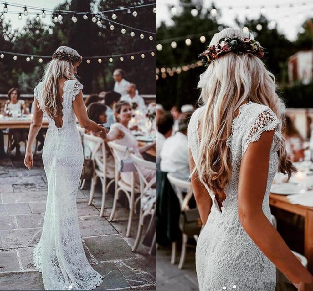 Crochet cotton Lace Mermaid Wedding Dresses Cap Sleeve Low Back Cotton Lace Bohemian western Country Garden Bridal Wedding gowns