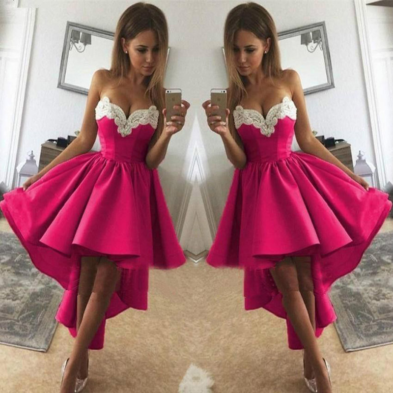 2020 Modest Fuschia Satin Ruched High Low Short Prom Dresses with White Applique Sweetheart Cocktail Party Homecoming Dress Bride