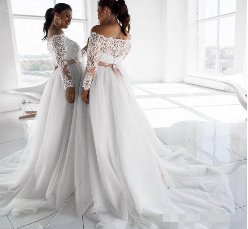 Elegant Off Shoulder Dresses Long Lace Sleeves Dusty Pink Ribbon Sweep Train Tulle Plus Size Wedding Bridal Gown Custom Made