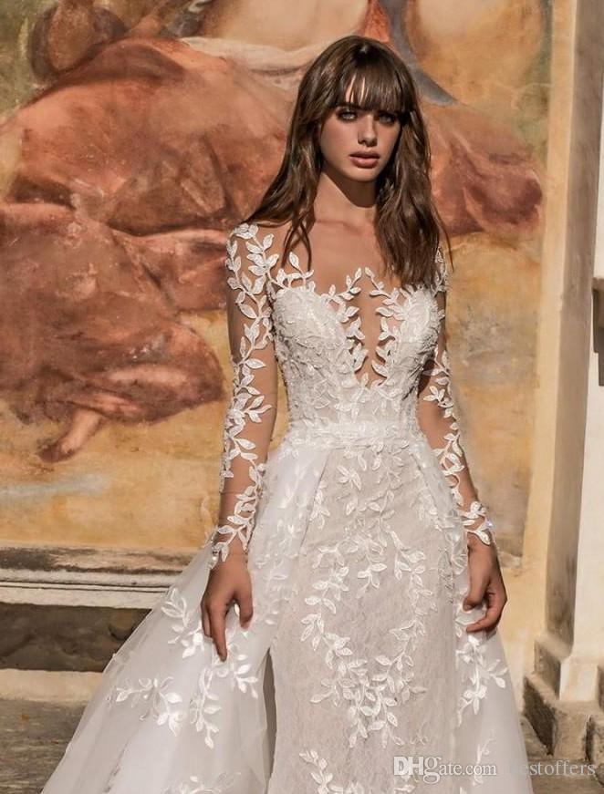 2019 Long Sleeves Mermaid Wedding Dresses With Detachable Train Illusion Sweep Train Bohemian Lace Applique Vestidos De Noiva Plus Size Gown