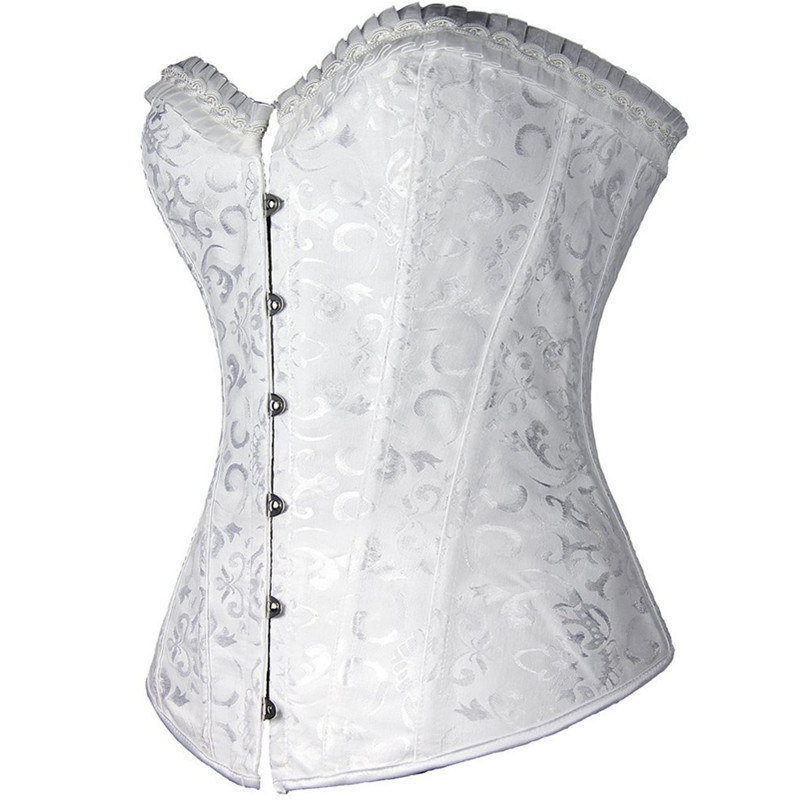 Women Bridal Jacquard Steel Bone Overbust Corset Lingerie Top Body Shaper Strong Lace Up Corselet with Pleated Ruffle Trim Plus Size S-6XL