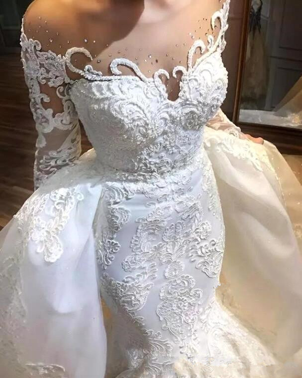 2019 Arabic Sheer Long Sleeves Lace Mermaid Wedding Dresses Tulle Applique Beaded Sweep Train Wedding Bridal Gowns With Over Skirts BC1295