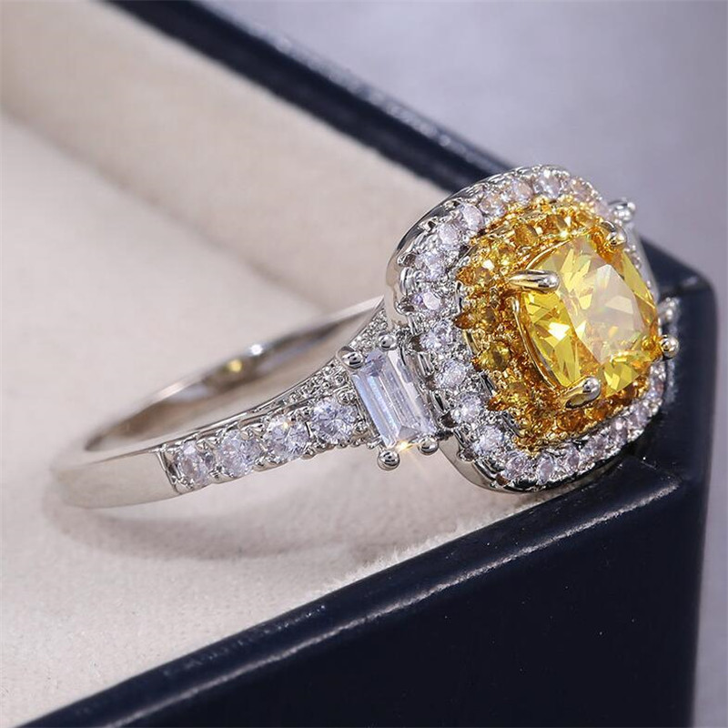 New Sparkling Classical Luxury Jewelry 925 Sterling Silver Yellow Topaz CZ Diamond Pave CZ Promise Women Wedding Engagement Band Ring Gift