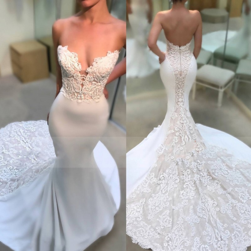 Sexy Beach Mermaid Wedding Dress Saudi Arabic Sweetheart Neck Lace Bridal Gowns With Sweep Train Backless Dresses Custom Made