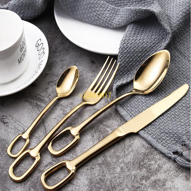 free shipping 10set Creative Nordic 304 stainless steel tableware set hanging hole series knife fork spoon practical Western tableware set o