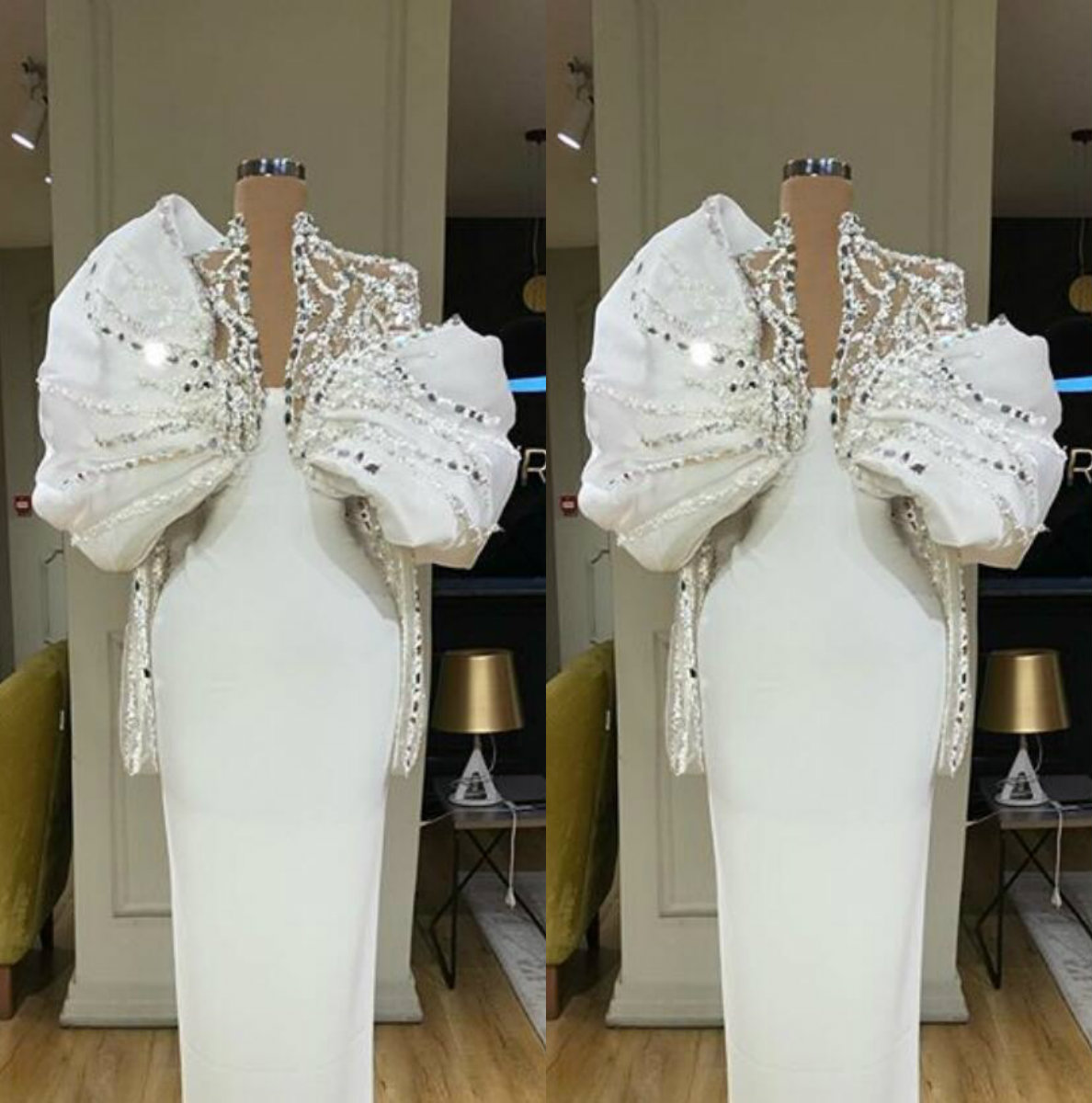 White Shaeath Prom Dresse High Neck Long Sleeve Satin Crystal Party Dress Floor Length robes de soirée, Champagne
White Shaeath Prom Dresse High Neck Long Sleeve Satin Crystal Party Dress Floor Length robes de soirée, Champagne