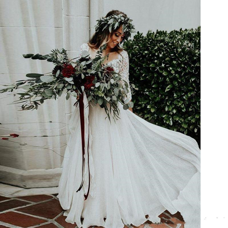 Two Pieces Beach Boho Wedding Dresses Bridal Gowns 2021 Lace Soft Tulle Chiffon Bohemian Country Plus Size Long A e Bride Dress Half Sleeve