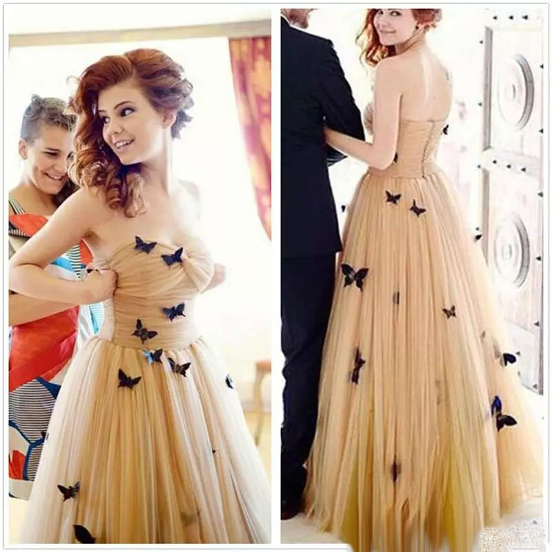 Gorgeous Strapless Prom Dresses 2019 Sweetheart Tulle Ruched Butterfly Appliques Evening Dress robes de soirée Cheap Cocktail Dresses
