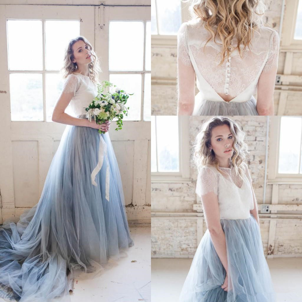 Dusty Blue Tulle Country A Line Wedding Dresses with Short Sleeves Lace Jackets Sexy Back Bridal Wedding Gowns Two Pieces, White
Dusty Blue Tulle Country A Line Wedding Dresses with Short Sleeves Lace Jackets Sexy Back Bridal Wedding Gowns Two Pieces, White