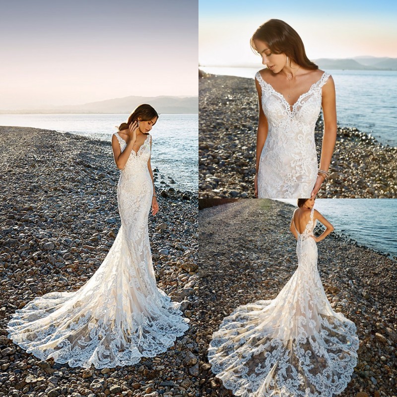 eddy k elegant wedding dresses lace appliqued v neck backless bridal gowns mermaid trumpet country boho beach wedding dress