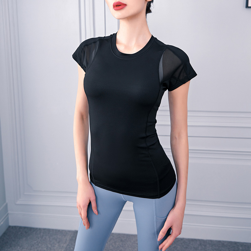 New short sleeved yoga dress quick dry mesh yarn patchwork blazer back breathable fitness clothes plus-size woman, Black
New short sleeved yoga dress quick dry mesh yarn patchwork blazer back breathable fitness clothes plus-size woman, Black