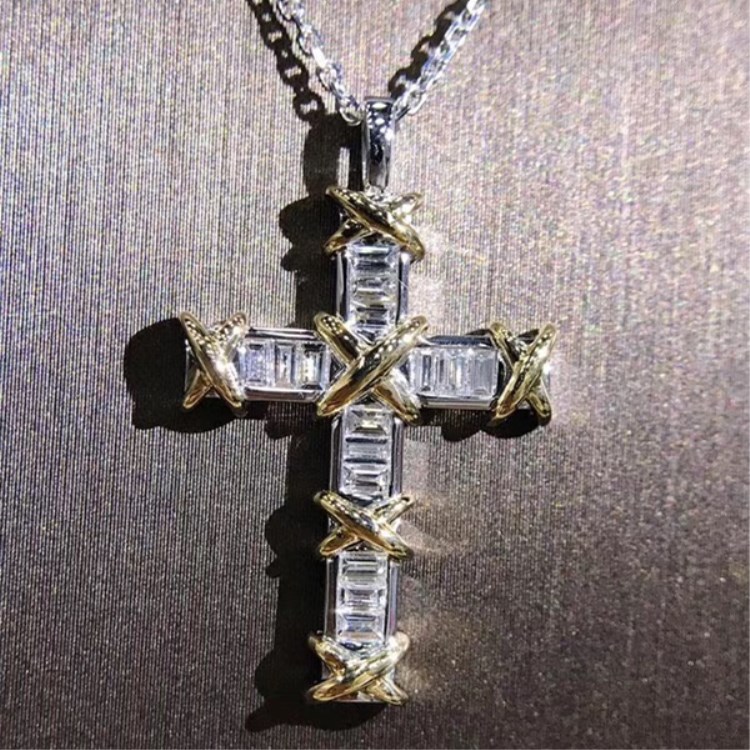 Unique Sterg Sier Princess Cut Topaz Cross Pendant Necklace for Women 536c