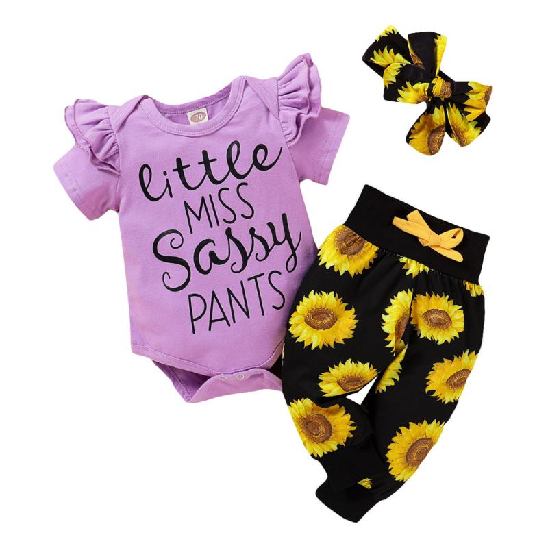 Fashion Baby Girls Clothes Short Sleeve Letter Romper Tops+Flower Pants+Headband Summer 3PCS Outfits Set, Black