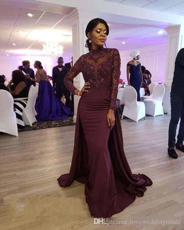 Elegant Burgundy Mermaid Evening Dresses with overskirts high neck Long Sleeves Prom Dress Appliqued Beaded Satin Long Party Gowns Custom