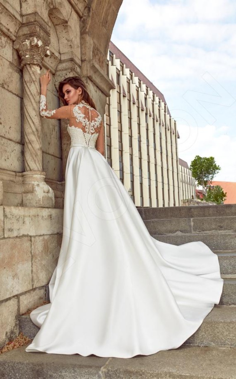 beach a line long sleeve wedding dresses high neck lace pearls soft satin sweep train bridal gowns plus size robe de marie