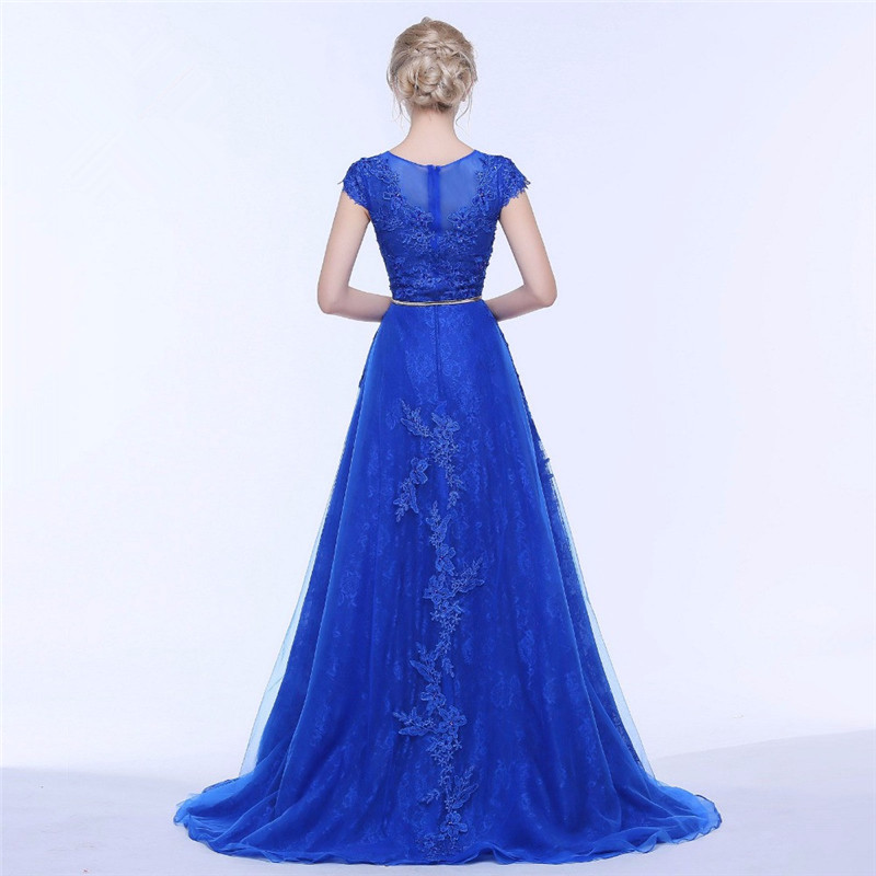 Blue Tulle A-line Prom Dresses With Belt Formal Evening Gowns Cap Sleeves Floor Length Party Dress