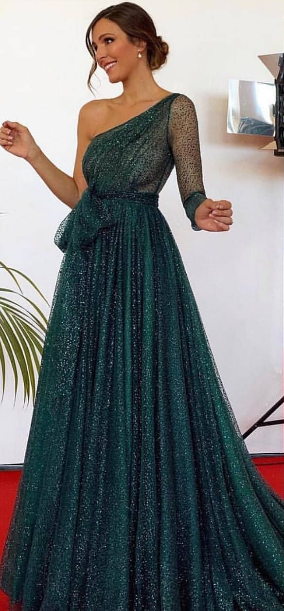 Charming Hunter Green Prom Dresses One Shoulder One Long Sleeve Sequined Tulle Backless Evening Gowns Sweep Train Dubai Arabic Formal Party Dress