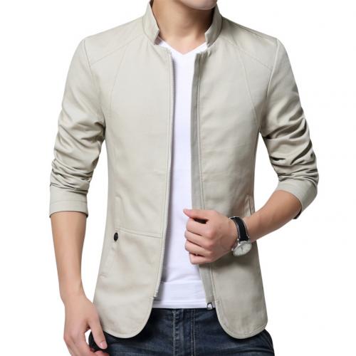 Casual Men Autumn Solid Color Stand Collar Zipper Pockets Thin Slim Blazer Coat Mens Fashion Brand Blazer Jacket For Men