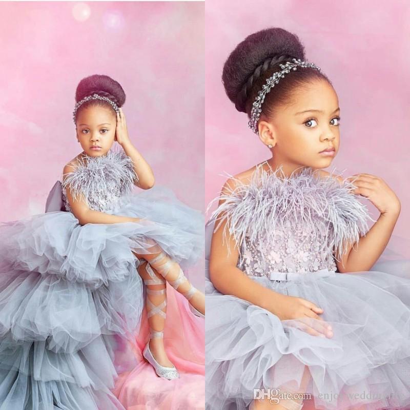 New Lace Applique High Low Flower Girl Dresses For Wedding Tiered Skirts Little Girls Pageant Dress Feather First Holy Communion Gowns