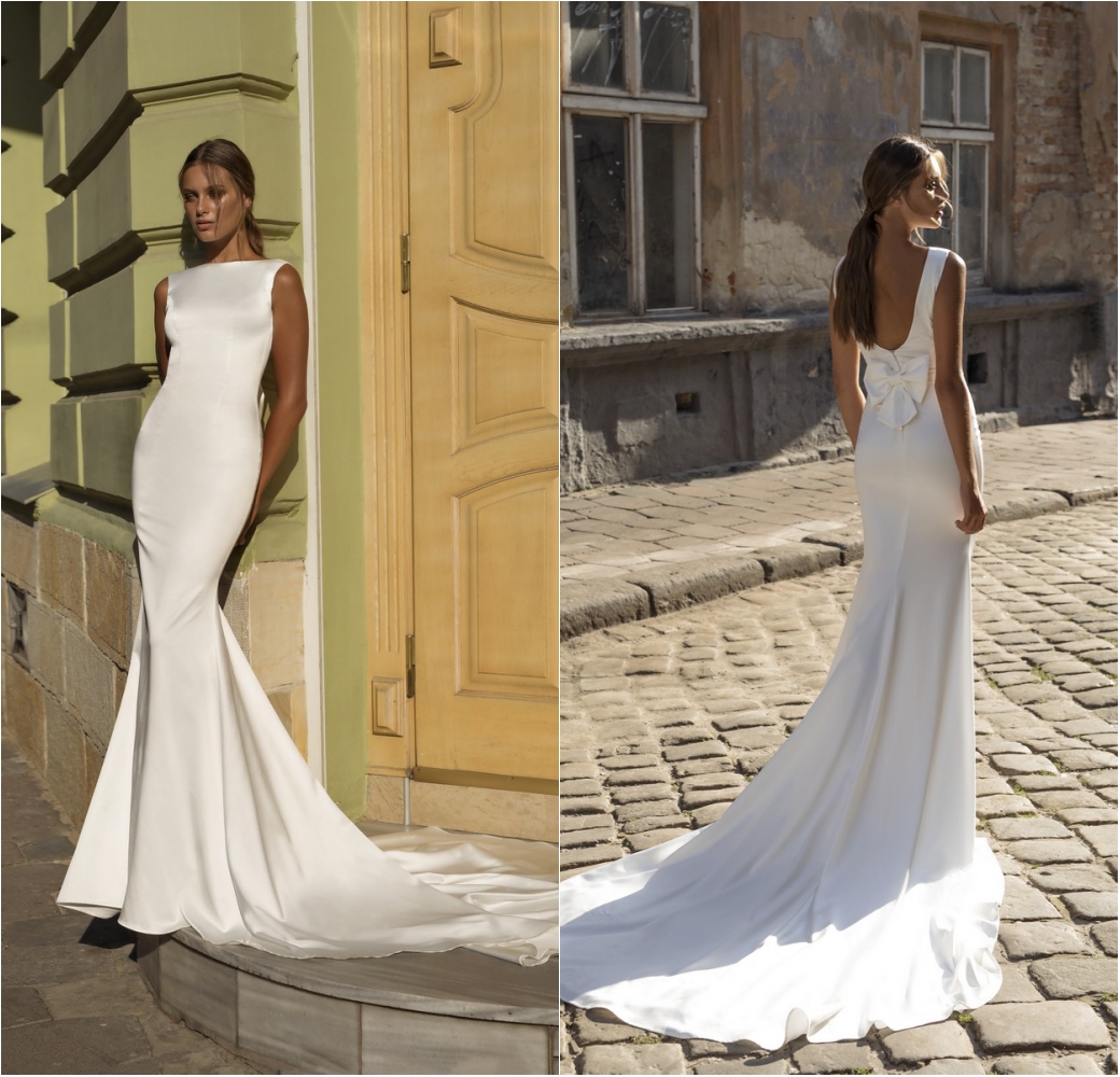 2020 Mermaid Wedding Dresses Bateau Neck Sleeveless Satin Bridal Gowns Custom Made Backless Sweep Train Wedding Dress Robe De Mariee
