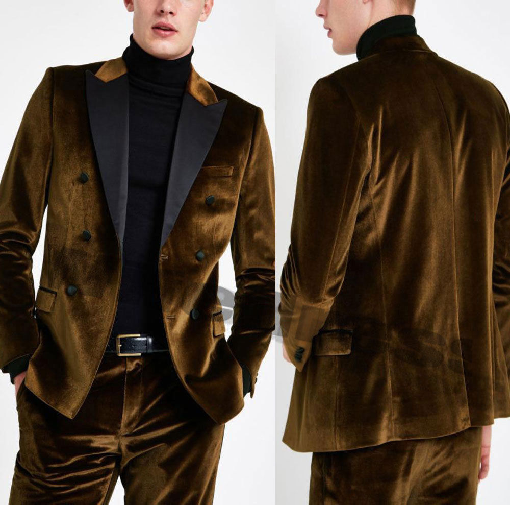 Brown Velvet Peaked Lapel Men's Suit Slim Fit Wedding Tuxedo Formal Groom Prom Dinner Leisure Blazer 2 Pieces (Jacket+Pants)