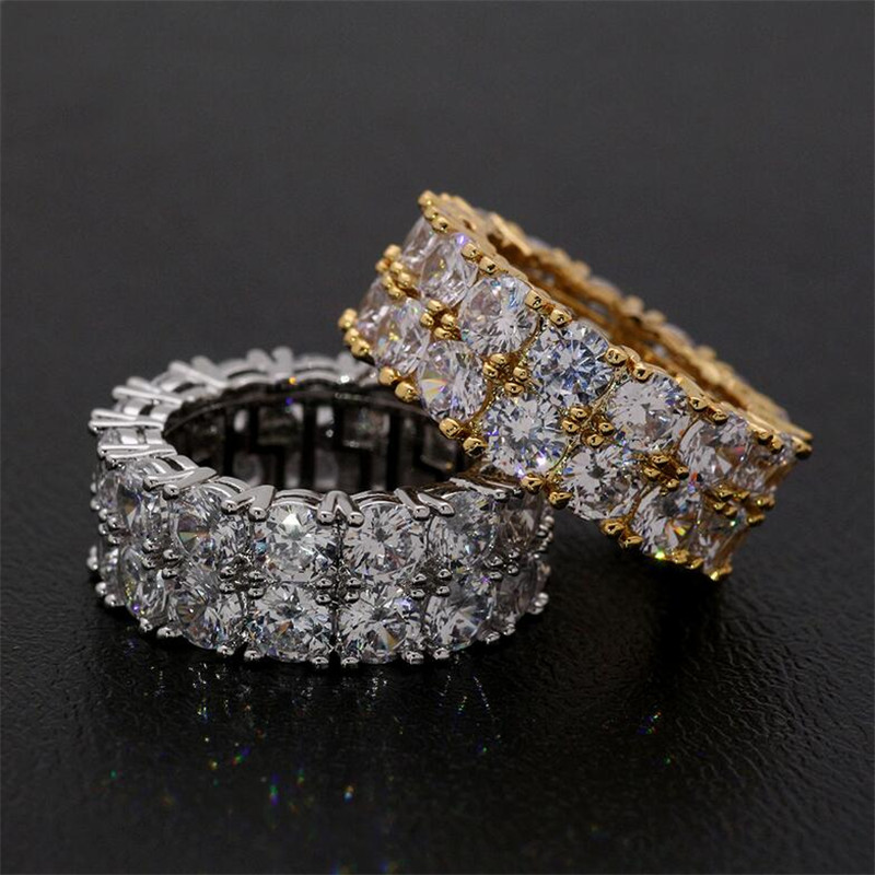 Hip Hop Vintage Sterg Sier & Gold Double Rows Topaz CZ Dia Gemstones Women's Wedding Band Ring (Size 8-13)