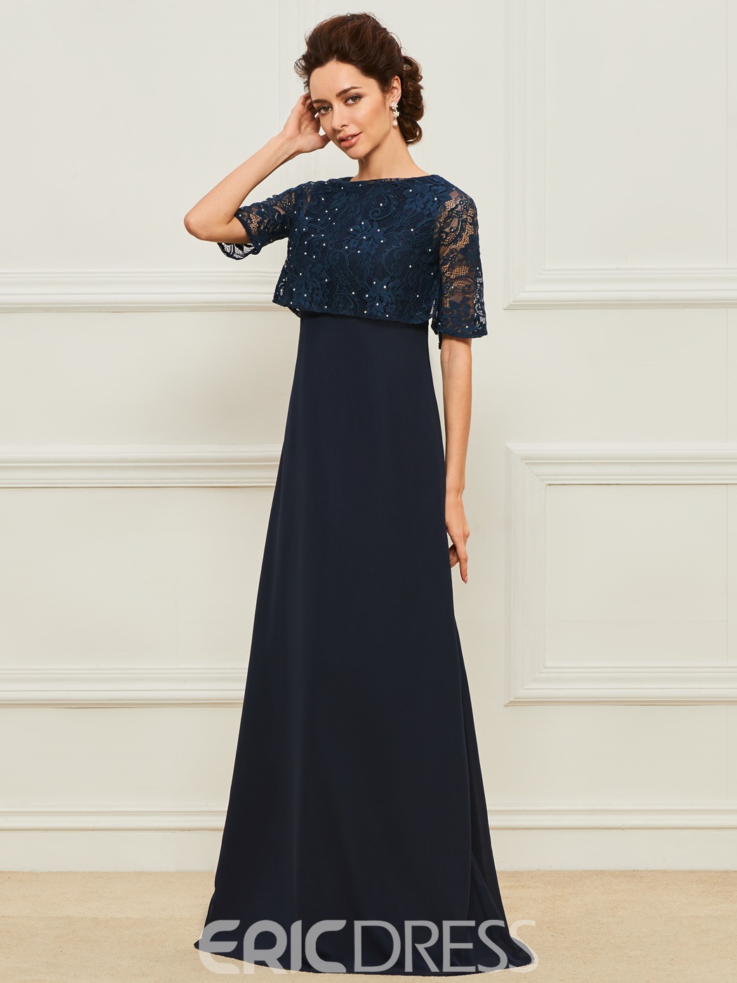 Elegant Ericdress Mermaid Mother of The Bride Dresses Jewel Half Sleeve Wedding Guest Dress Lace Applique Crystal Sweep Train Evening Gown