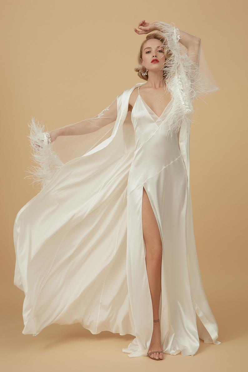 sexy wedding robes with wrap spaghetti appliqued feather highsplit two piece night gown for women sweep train custom made pajamas sleepwear
