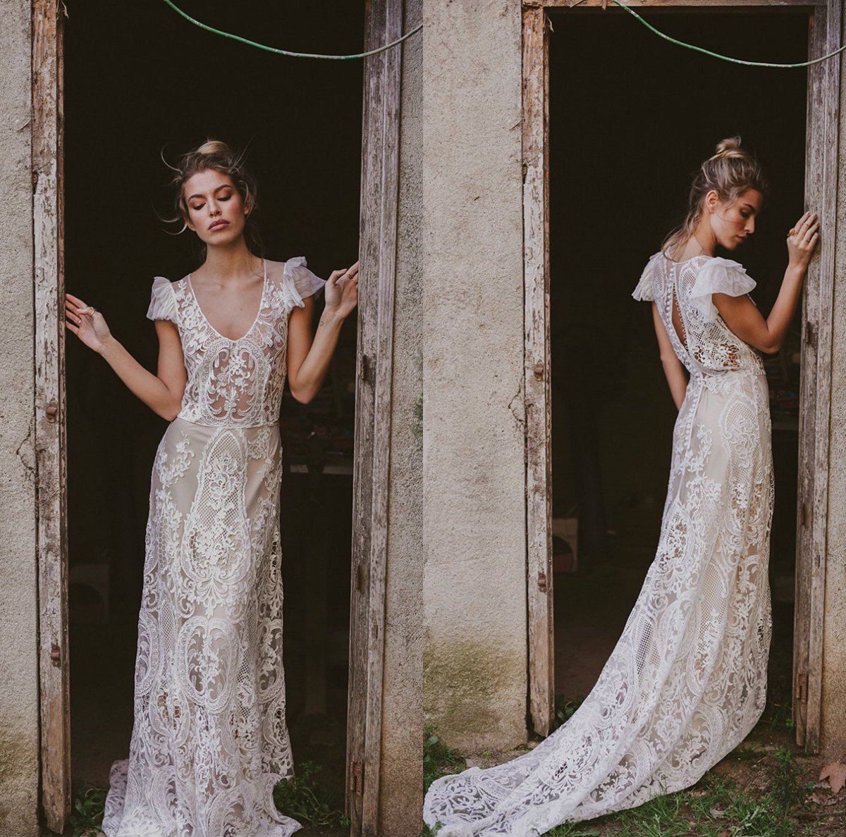2020 Country Mermaid Wedding Dresses V Neck Sweep Train Cap Sleeve Appliqued Lace Bridal Gowns Custom Made Plus Size Vestidos De Novia