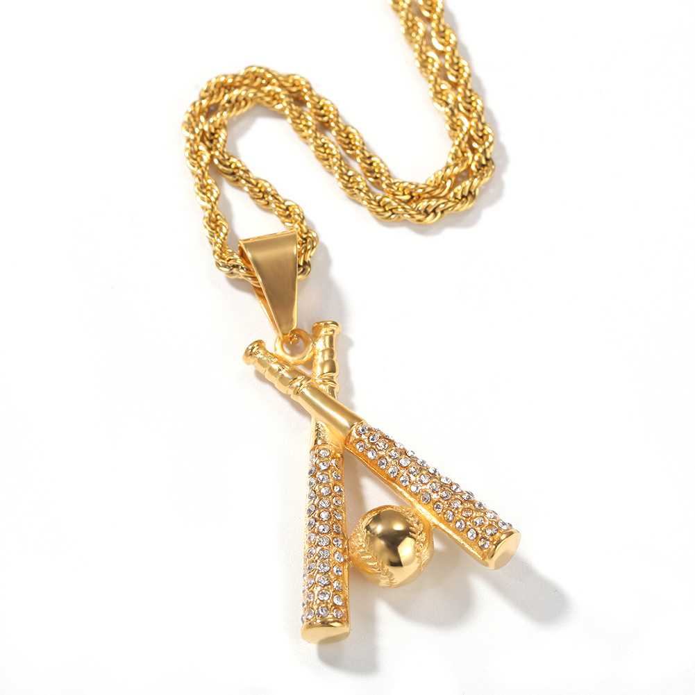 Hip Hop Stainless Steel Baseball Pendant Necklace Sports Fitness Jewelry 18k Real Gold Plated White Zircon