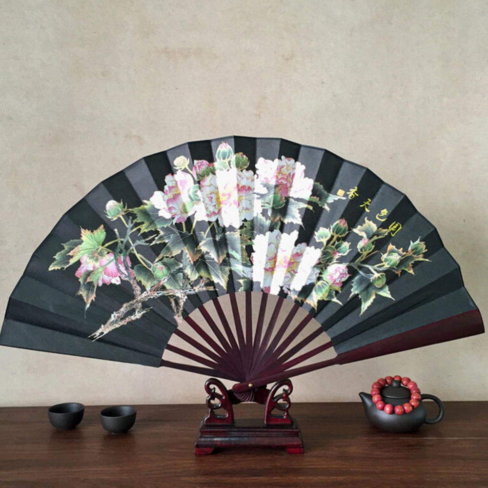Lotus Flower Pattern Silk Bamboo Folding Hand Fans for Men Vintage Pocket Folding Fan Chinese Style