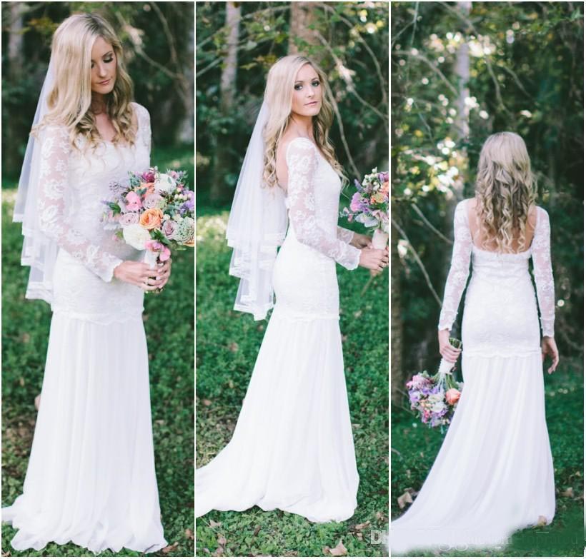 Simple Beach Wedding Dresses Summer Sheer Long Sleeves Bohemian Chiffon Lace Floor Length Mermaid Backless Bridal Gowns 2020