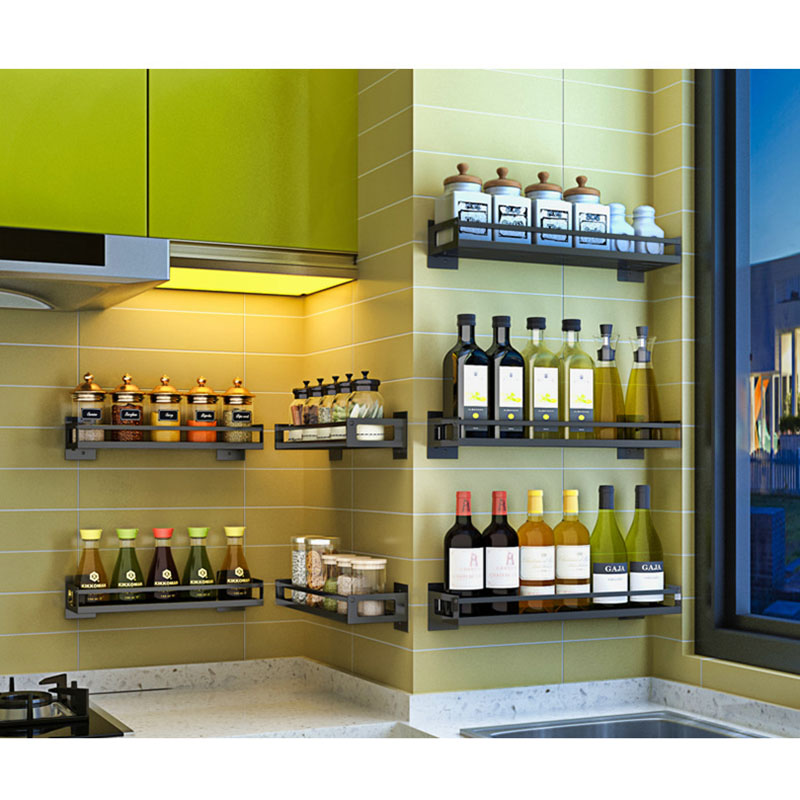 kitchen rack Stainless steel spice rack free punching wall-mounted oil salt sauce vinegar storage bathroom wall shelf