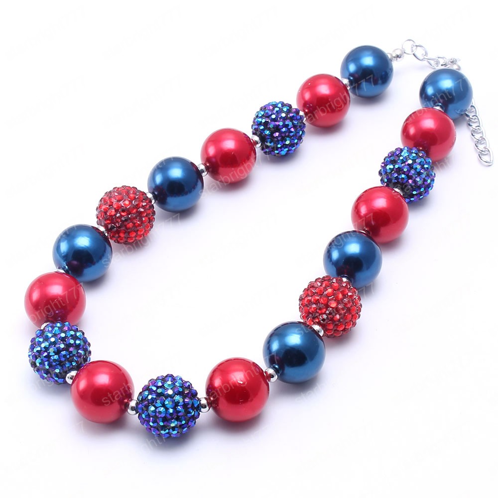 Red+Navy Color Kid Chunky Necklace Fashion 4th July Girl Children Bubblegom Bead Chunky Necklace Fashion Party Gift
