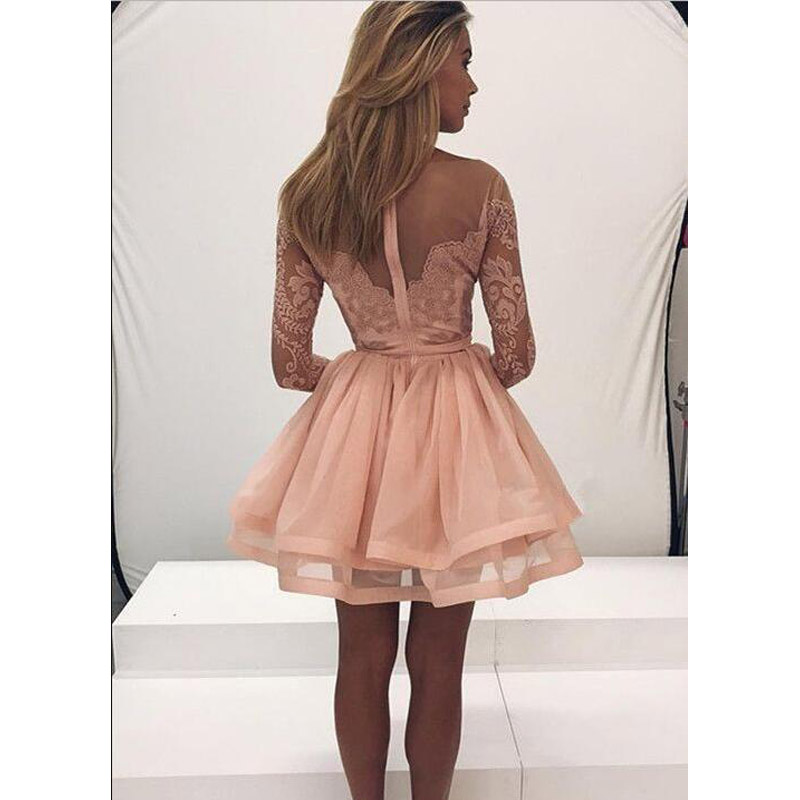 New Coral Homecoming Cocktail Dresses Jewel Neck Long Sleeves Peach Lace Appliques Beaded Prom Dresses Party Dress Plus Size Gowns