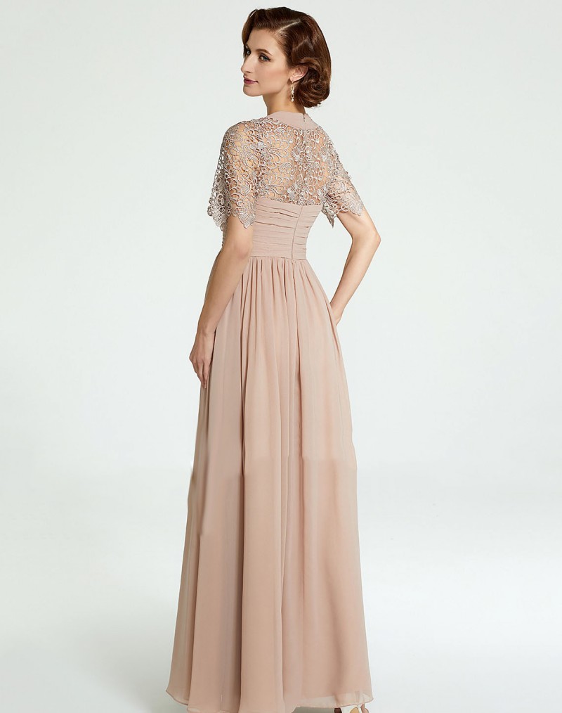 2019 Champagne Mother Of The Bride Dresses Lace Appliqued Short Sleeve Chiffon Custom Made Wedding Guest Dress Plus Size Prom Gowns