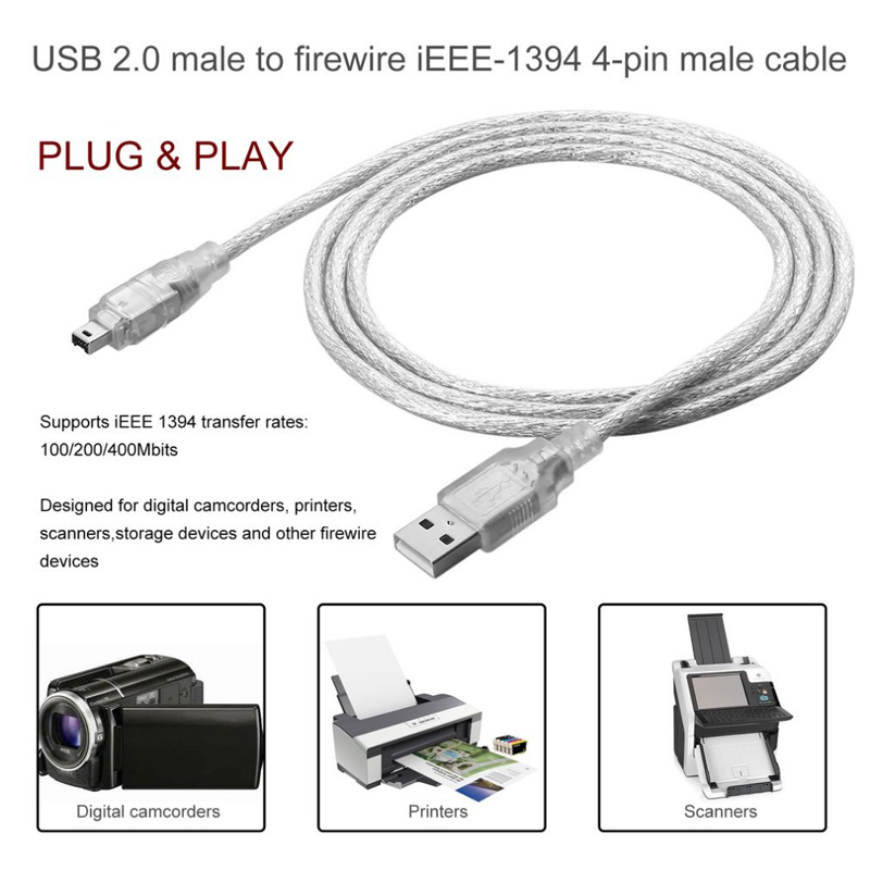 1.2M USB 2.0 Male To Firewire iEEE 1394 4 Pin iLink Adapter Cable Male To Male Cable Silver & Transparent