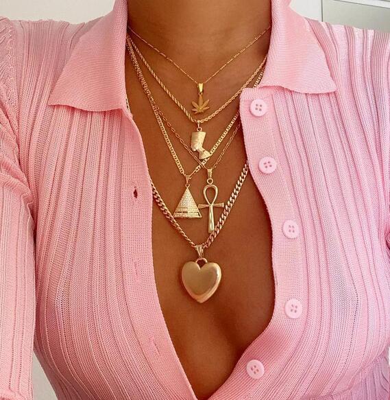 

Vintage Leaf Cross Heart Pyramid Ancient Egyptian Pharaoh Pendant Multilayer Gold Necklace Punk Lady Jewelry Women Necklace Set