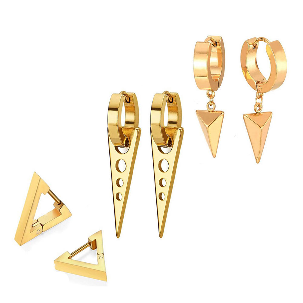 3 pairs/set Hip Hop Stud Hoop Earrings Gothic Geometric Triangle Stainless Steel Earrings Jewelry Wholesale