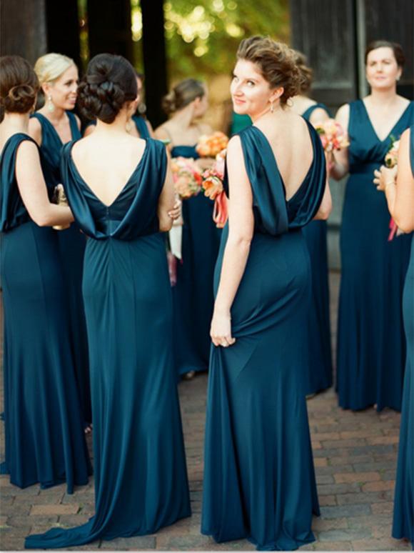 Dark Teal Blue bridesmaid dresses Long Rustic Country Wedding Guest Dress V Neck Silk Satin Cowl Back Evening Gowns Maid Of Honor 2019
