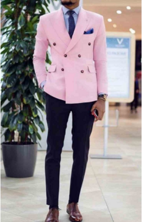Brand New Double-Breasted Pink Wedding Men Suits Peak Lapel Two Pieces Business Groom Tuxedos (Jacket+Pants+Tie) W1192