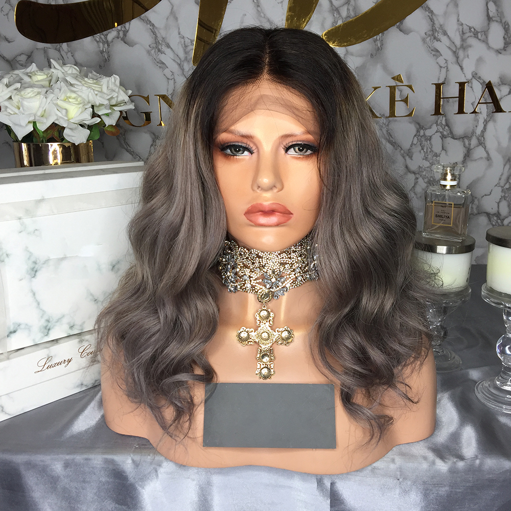 180density ombre grey Lace Front synthetic Wigs With Baby Hair Middle Ratio 13*4 body wave Lace Wig For Women Bleached Knots Pre-plucked